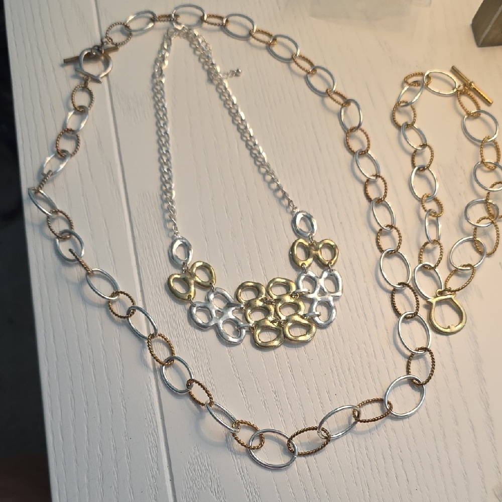 Elegant Silver and Gold Chain Necklaces And Bracelet With Matching Earrings